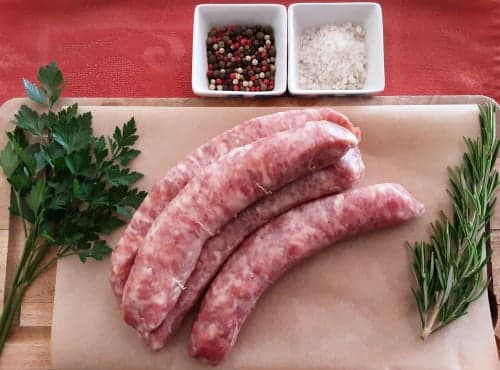 Würste vom Hofschwein + Kartoffeln aus Saint-Malo